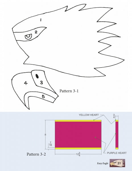 A black and white eagle head outline with pattern piece numbers appears above a diagram showing labeled yellow and purple sections, dimensions, and a small eagle icon for Schiffer Publishing, Ltd.'s "American Bald Eagles in Intarsia.