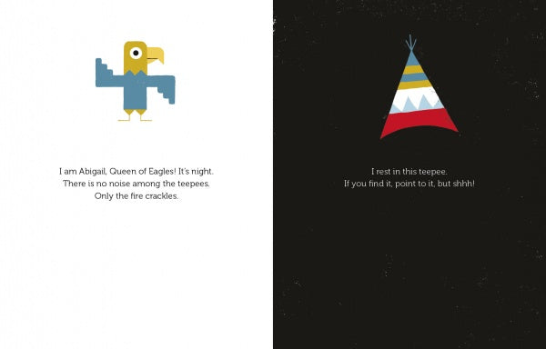 On a white background, a stylized blue and yellow eagle stands above text. On black, a colorful teepee sits with seek-and-find text—test your observation and memory skills in "Where Is My House?" from Schiffer Publishing, Ltd.
