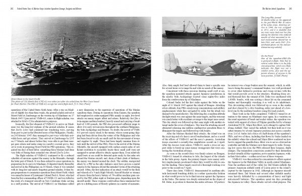 A two-page spread from "United States Navy and Marine Corps Aviation Squadron Lineage, Insignia, and History" (Schiffer Publishing, Ltd.) displays three black-and-white photos—an aircraft carrier, a cargo ship, and a WWII plane—plus detailed aviation history text.