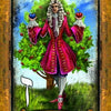 A card from The Illuminati Tarot by Schiffer Publishing, Ltd. depicts The Chariot VII: a figure in a red coat stands by a tree, holding a blue apple and a red apple, symbolizing secret societies and Western mysticism.