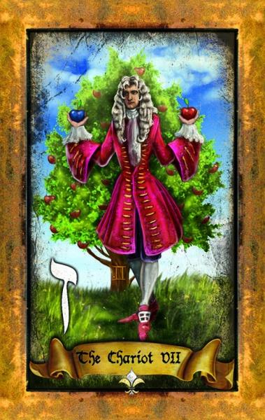 A card from The Illuminati Tarot by Schiffer Publishing, Ltd. depicts The Chariot VII: a figure in a red coat stands by a tree, holding a blue apple and a red apple, symbolizing secret societies and Western mysticism.