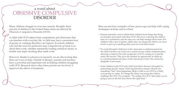 An info graphic titled "Unraveling Rose" by Schiffer Publishing, Ltd. explains obsessive thoughts in children, their effects, and shares four coping tips for parents and teachers. Pink and black text appears on a white background.