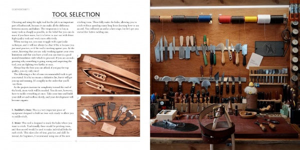 A two-page spread from "Leathercraft" by Schiffer Publishing, Ltd. shows tool selection for traditional leatherwork on the left, while the right page features a wooden wall neatly organized with leather crafting tools and materials.