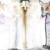 A watercolor mouse with a purple and gray body stands upright on the right page of The Manifestation Journal by Schiffer Publishing, Ltd., set against soft abstract washes of brown, purple, and orange in the background.