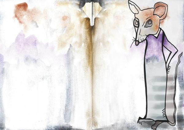 A watercolor mouse with a purple and gray body stands upright on the right page of The Manifestation Journal by Schiffer Publishing, Ltd., set against soft abstract washes of brown, purple, and orange in the background.