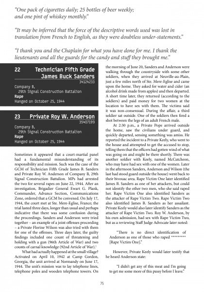 A Schiffer Publishing, Ltd. book page from "The Fifth Field" features black-and-white text, quotes, profiles of Technician Fifth Grade James Buck Sanders and Private Roy W. Anderson, military life narratives, translator duties, and Plot E references.