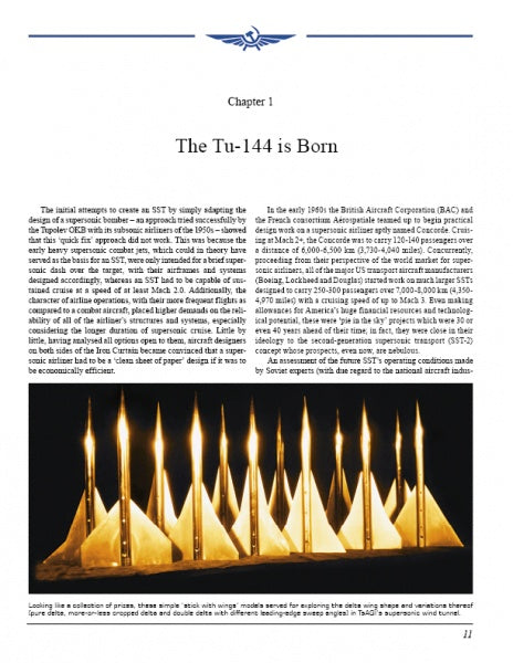 An open book page titled "Tupolev Tu‑144" by Schiffer Publishing, Ltd. shows a yellow-orange-lit photo of triangular shapes resembling Soviet supersonic aircraft noses, with detailed info above and a caption below.
