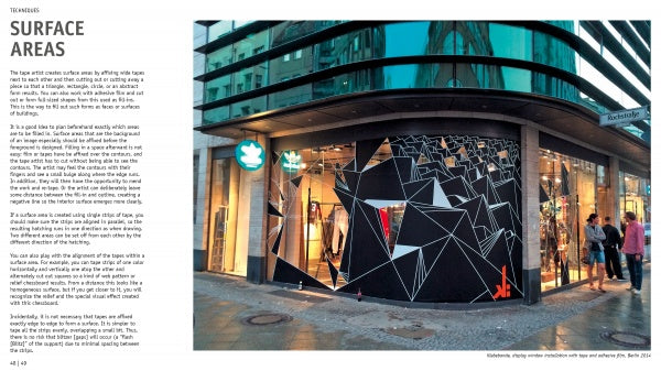 A street corner clothing store features a bold black geometric mural with white and red lines inspired by "Tape Art" from Schiffer Publishing, Ltd., creating a striking, angular look that catches the eyes of passing pedestrians.