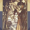 A woman in flowing robes stands in a forest holding a sword, surrounded by hills and trees. The ornate frame and "4 of Walsungs" label reflect Schiffer Publishing's The Ring Cycle Tarot, inspired by Arthur Rackham’s art.