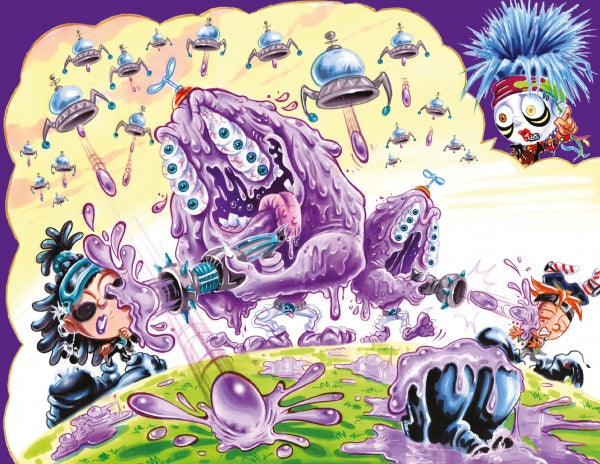 A scene from The Sweet Rot, Book 3 by Schiffer Publishing, Ltd. shows two frightened people facing a giant six-eyed purple slime monster, while flying robots spray more slime and a blue-haired character watches above in Joe Simko's style.