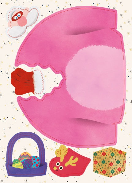 Cut-out illustration from "Yikes! Santa Claus is in His Underpants!" by Schiffer Publishing, Ltd.—features a pink dress with red mitten, colorful eggs basket, angel, yellow reindeer, and patterned gift box on a starry background.
