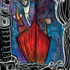A vibrant, whimsical drawing from "Manifesting Your Greatness" by Schiffer Publishing, Ltd. shows two people sailing in a red boat amid abstract sea creatures, with ornate oracle deck borders and the message: “you can build any kind of life you want.”.