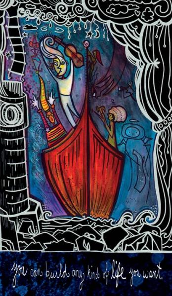 A vibrant, whimsical drawing from "Manifesting Your Greatness" by Schiffer Publishing, Ltd. shows two people sailing in a red boat amid abstract sea creatures, with ornate oracle deck borders and the message: “you can build any kind of life you want.”.