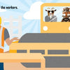 A construction worker in a yellow hard hat uses a hammer at a workbench while a cow and a man sit in a steamroller—a playful scene from "The Misplaced Toy Hammer" by Schiffer Publishing, Ltd. Text reads, “There’s one of the workers. He has Sofia’s hammer!”.