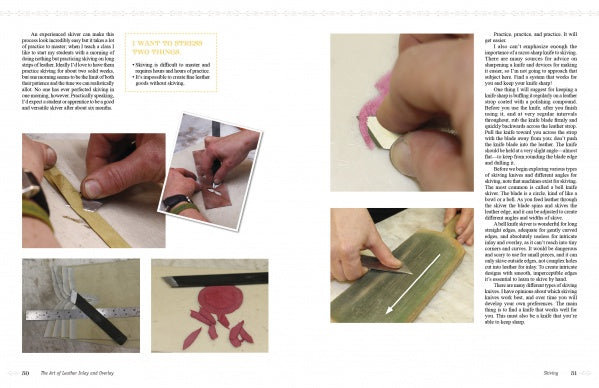 A step-by-step page from "The Art of Leather Inlay and Overlay" by Schiffer Publishing, Ltd. shows hands cutting leather with tools, detailed close-ups, cut shapes, and text describing techniques for unique leather art.