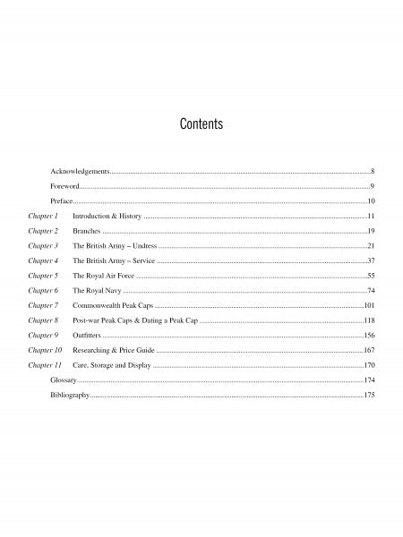 Table of contents for "British Officers' Peak Caps of the Second World War" by Schiffer Publishing, Ltd. lists chapters on the British Army, uniforms, branches, service, RAF, outfitters, collectibles, glossary—with page numbers.