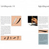 In "An Introduction to Chinese Calligraphy" by Schiffer Publishing, Ltd., two pages illustrate Kaishu-style strokes: the left page covers the left-falling stroke (#8) with hand photos and steps; the right shows similar lessons for the right-falling stroke (#9).