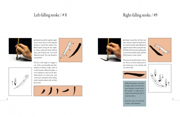 In "An Introduction to Chinese Calligraphy" by Schiffer Publishing, Ltd., two pages illustrate Kaishu-style strokes: the left page covers the left-falling stroke (#8) with hand photos and steps; the right shows similar lessons for the right-falling stroke (#9).