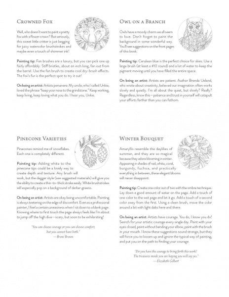 Kristy's Winter Cutting Garden by Schiffer Publishing, Ltd. offers a grayscale page with four text sections—Crowned Fox, Owl on a Branch, Pinecone Varieties, and Winter Bouquet—plus elegant winter flower illustrations and floral details throughout.