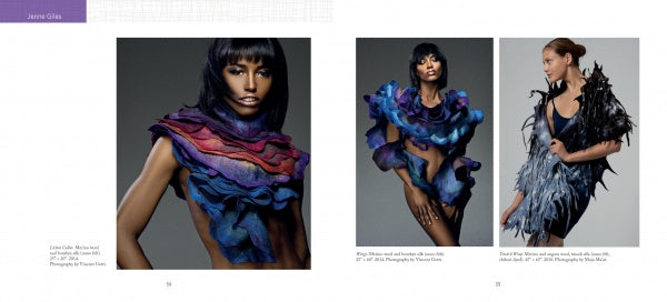 Models display sculptural, colorful felted garments inspired by organic forms—purple-red swirls on the left, blue and feathers on the right—against gray backdrops. From "Artistry in Fiber, Vol. 3" by Schiffer Publishing, Ltd.