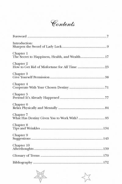 A table of contents for Twist Your Fate by Schiffer Publishing, Ltd., featuring chapters like The Secret to Happiness, Health, and Wealth and How to Twist Your Fate and Profit From Coincidence, with page numbers and star decorations.