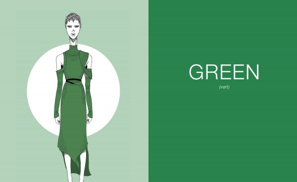 A fashion illustration from Colors de la Runway by Schiffer Publishing, Ltd. shows a person in a stylish green dress. "GREEN" appears with its pronunciation, making it perfect for learning rainbow colors in English and French.