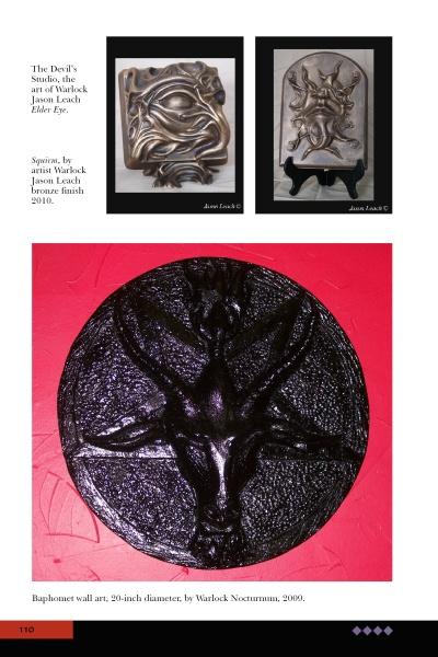 A page showcases I. Lucifer wall art from Schiffer Publishing, Ltd.: two rectangular reliefs and one circular goat-headed plaque with demonic motifs, evoking the Lucifer archetype. Captions include product and artist details.