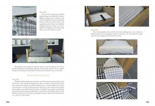 The Little Upholstery Book by Schiffer Publishing, Ltd. offers step-by-step photo guides for upholstering a wooden chair cushion, covering fabric placement, attaching ties, and assembly—perfect for DIY upholstery projects.