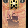 A Lenormand Cartomancy card by Schiffer Publishing, Ltd. displays the number 3 in circles, a sailing ship silhouette on water, and an inset of six spades reflected against a golden sunset.