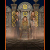The Tarot of the Night deck by Schiffer Publishing, Ltd. showcases a card with a central throne, six figures in medieval attire, ten star-adorned pentacles, set before a stone wall and night sky—an ideal addition to any tarot companion guide.