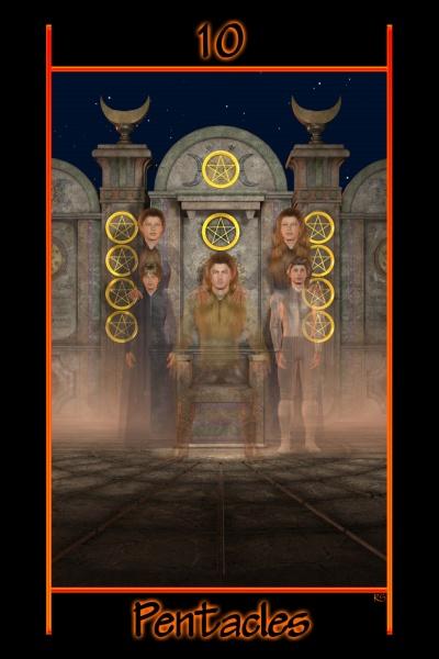 The Tarot of the Night deck by Schiffer Publishing, Ltd. showcases a card with a central throne, six figures in medieval attire, ten star-adorned pentacles, set before a stone wall and night sky—an ideal addition to any tarot companion guide.