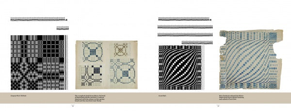 Frances L. Goodrich's Coverlet and Counterpane Drafts by Schiffer Publishing features two-page spreads of black-and-white geometric weaving patterns, photos of grid, checkerboard, curved designs, and captions for each textile sample.