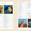 The "Inspired by Endangered Species" table of contents from Schiffer Publishing, Ltd. features cream pages with two-column lists and illustrations of a lion, toucan, giraffe, and rhinoceros highlighting endangered animals in each corner.