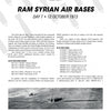 A black-and-white page from Ghosts of Atonement by Schiffer Publishing, Ltd. lists Ram Syrian Air Bases details, targets, operations, dates, and acronyms. At the bottom is a grainy Yom Kippur War photo with Israeli F-4 Phantoms and smoke trails over barren land.