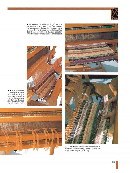 A step-by-step collage from *The Techniques and Art of Weaving* by Schiffer Publishing, Ltd. features close-ups of colorful fabric, hands adjusting threads, warp threads, and loom parts, with text instructions on various weaving techniques.