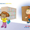 Two girls stand near bookshelves in a library, signaling for quiet, while a boy peeks out thoughtfully with a book—a scene from "Am I Big Enough?" by Schiffer Publishing, Ltd., teaching good manners to preschool children.