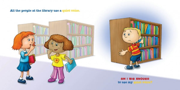 Two girls stand near bookshelves in a library, signaling for quiet, while a boy peeks out thoughtfully with a book—a scene from "Am I Big Enough?" by Schiffer Publishing, Ltd., teaching good manners to preschool children.