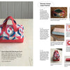 A colorful, hexagon-patterned duffel bag sits on a wooden surface next to "50 Pouches" by Schiffer Publishing, Ltd., featuring step-by-step pouch and bag sewing instructions, diagrams, fabric scrap projects, and expert cutting tips.