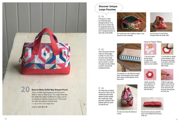 A colorful, hexagon-patterned duffel bag sits on a wooden surface next to "50 Pouches" by Schiffer Publishing, Ltd., featuring step-by-step pouch and bag sewing instructions, diagrams, fabric scrap projects, and expert cutting tips.