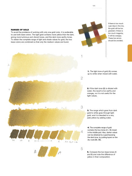 A page from Schiffer Publishing, Ltd.'s Drawing for Jewelers shows gold watercolor swatches labeled 1–5 in light-to-dark tones for jewelry drawing, with a gold hue grid at top right and explanatory text and captions on the left.