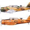 Side-view illustration of two North American T-6 Texans in yellow and brown camouflage with roundels and ID numbers, presented against a white background. Product by Schiffer Publishing, Ltd.