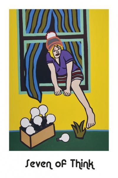 A cartoon-style woman in colorful clothes climbs out a window above a box of light bulbs, a loose bulb, and a green plant. With a bright yellow background and "Seven of Think," this is the Hip Chick Tarot by Schiffer Publishing, Ltd.