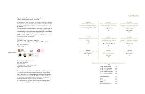 On the left, Rooted, Revived, Reinvented’s copyright page from Schiffer Publishing, Ltd. displays publication info; on the right, the contents page lists chapters on American basketry and fine art basketry with authors and page numbers.