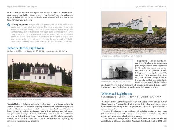 A spread from *Lighthouses and Coastal Attractions of Northern New England* by Schiffer Publishing, Ltd. features photos and descriptions of Tennants Harbor Lighthouse (left) and Whitehead Lighthouse (right), both classic New England lights.