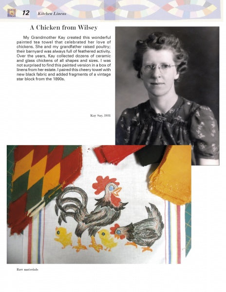 A Quilted Memory by Schiffer Publishing, Ltd. showcases a black-and-white Kay Say portrait from 1931 above a tea towel with hens and roosters, decorated with fabric strips and vintage textiles—preserving treasured family memories.