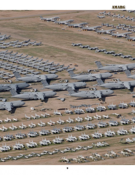 Desert Boneyard by Schiffer Publishing, Ltd. features rows of retired military aircraft and jets neatly lined up on a dry, grassy field for efficient storage of various sizes and types.