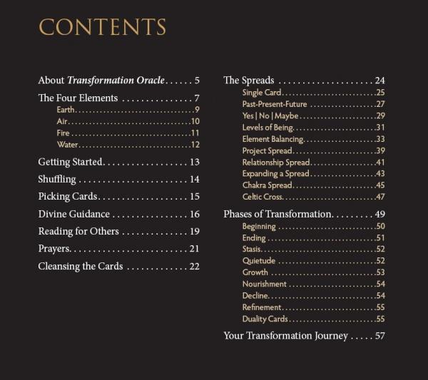 The Transformation Oracle by Schiffer Publishing, Ltd. features a table of contents with sections like About, The Four Elements, Using Oracle Cards, Spreads, and Spiritual Growth Phases, all on a black background with gold text and page numbers.
