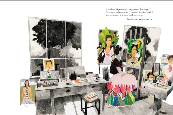 A spacious art studio with large windows and easels features "The Two Fridas" by Schiffer Publishing, Ltd., surrounded by vibrant portraits and lush plants, as a figure paints amid colorful artwork and art supplies.