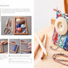 The "Weave It!" guide by Schiffer Publishing, Ltd. teaches kids to weave a colorful plastic shopping-bag clutch on a wooden loom, with tools and the finished clutch shown next to colored pencils and a yellow bag.