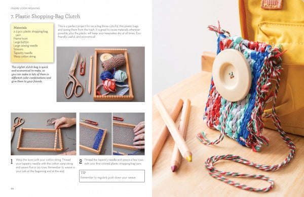 The "Weave It!" guide by Schiffer Publishing, Ltd. teaches kids to weave a colorful plastic shopping-bag clutch on a wooden loom, with tools and the finished clutch shown next to colored pencils and a yellow bag.